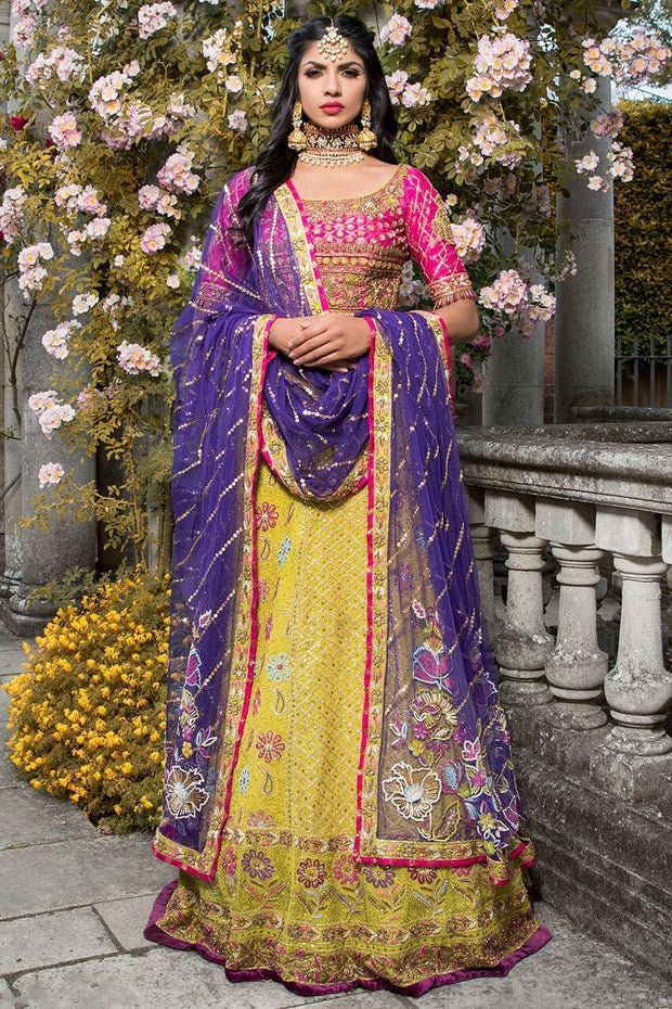 Indian mehndi dress in yellow and pink color embroidered MEDIUM Indian mehndi dress in yellow and pink color embroidered MEDIUM