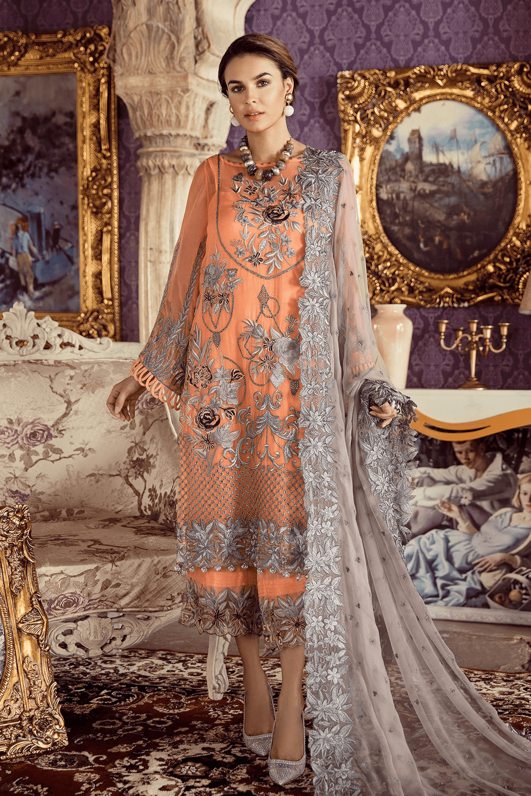 Indian Party Dresses in Naranji Color Embellished With Patches MEDIUM Indian Party Dresses in Naranji Color Embellished With Patches MEDIUM