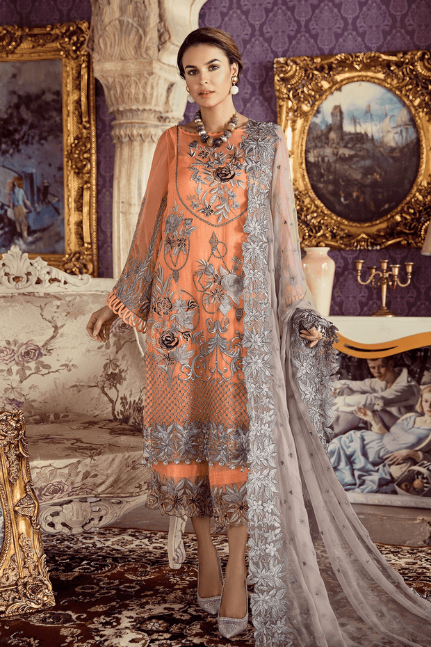 Indian Party Dresses in Naranji Color Embellished With Patches Nameera by Farooq Indian Party Dresses in Naranji Color Embellished With Patches Nameera by Farooq