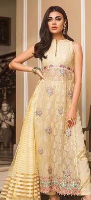 Designer Indian party wear dress in light yellow color # P2214