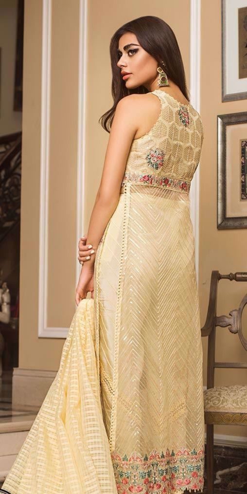 Designer Indian party wear dress in light yellow color # P2214
