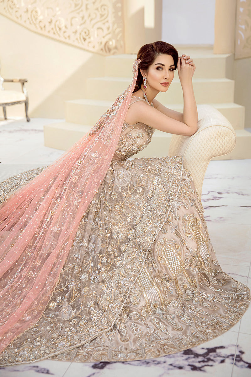 Latest beautiful indian designer wedding outfit in peach and gold color # B3456