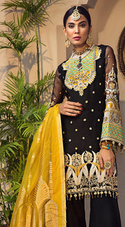 Elegant Pakistani jacquard and organza dress in black color # P2350