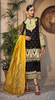 Elegant Pakistani jacquard and organza dress in black color