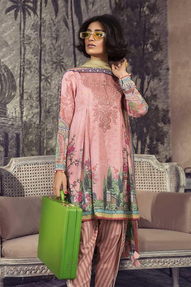 Designer karandi outfit digitally printed in grey color Nameera by Farooq
