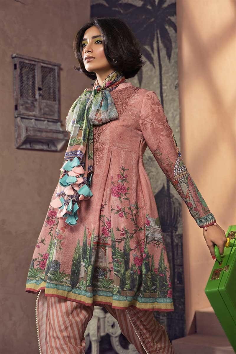 Pakistani designer karandi outfit digitally printed in pink color # P2361