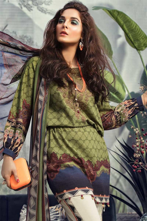 Beautiful Pakistani designer khaddar outfit in mehndi color # P2358