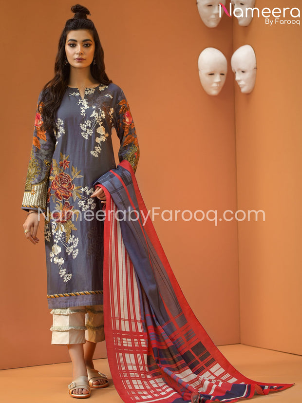 Designer blue khaddar dress  