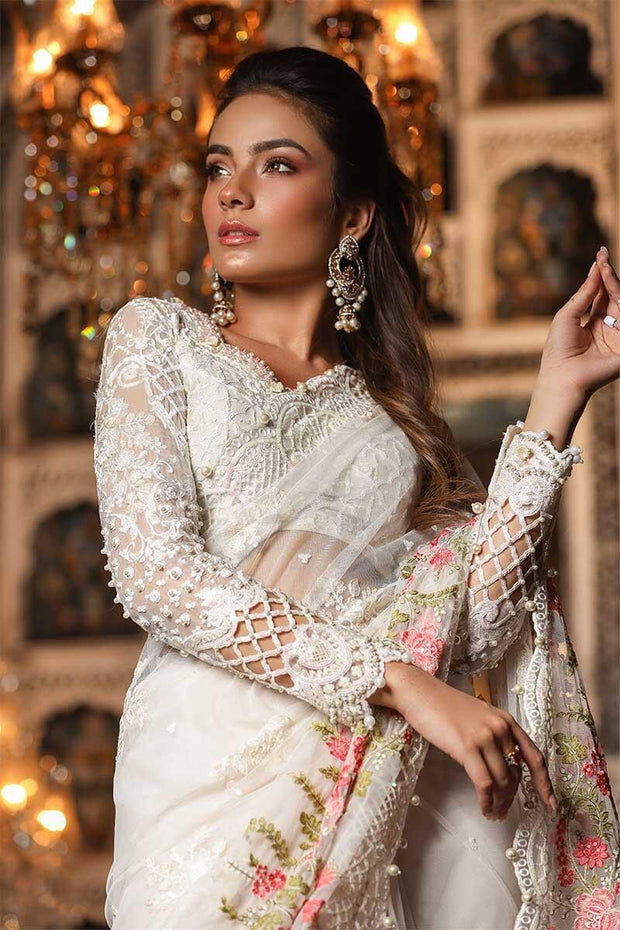 Pakistani designer saree in white color with pearls – Nameera by