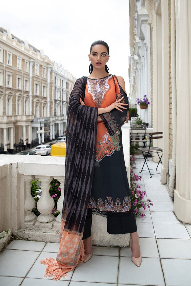 Latest Pakistani lawn dress 2020 in elegant black and orange color # E2217