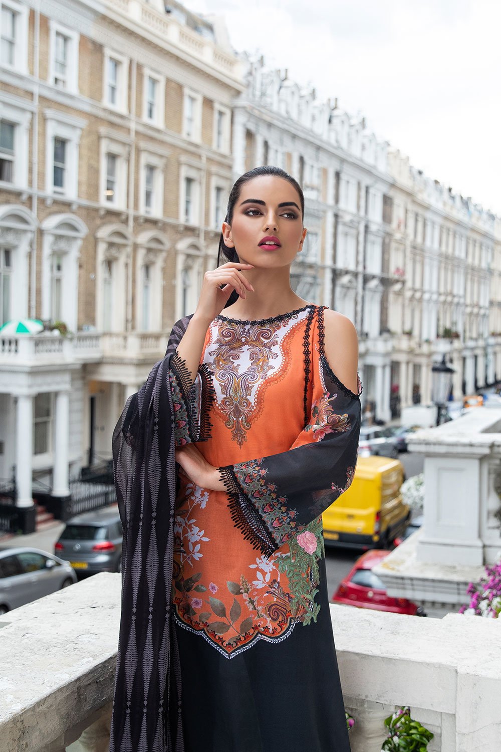 Latest Pakistani lawn dress 2020 in elegant black and orange colo