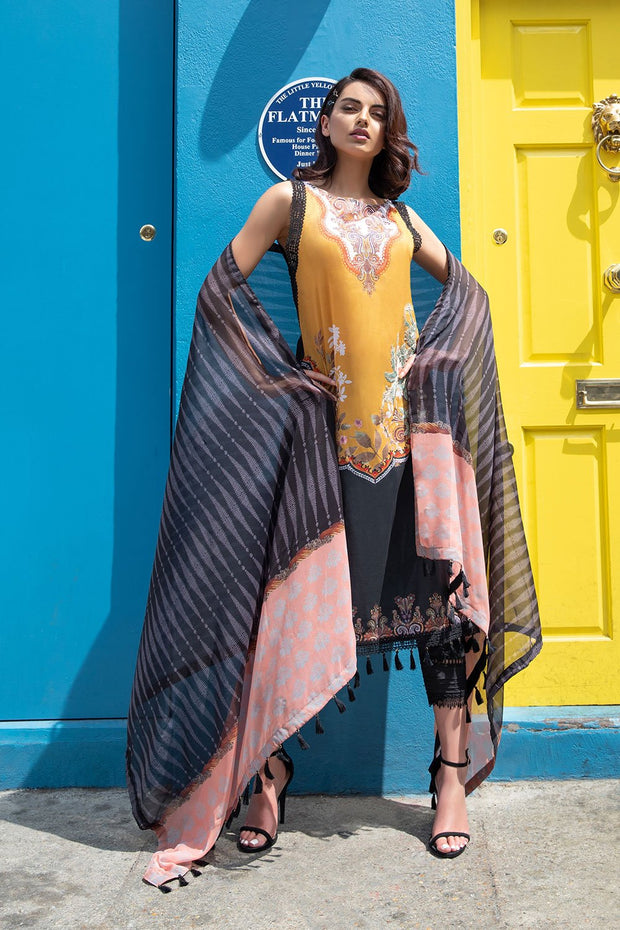 Pakistani lawn dress 2020 online in elegant black and mustard color