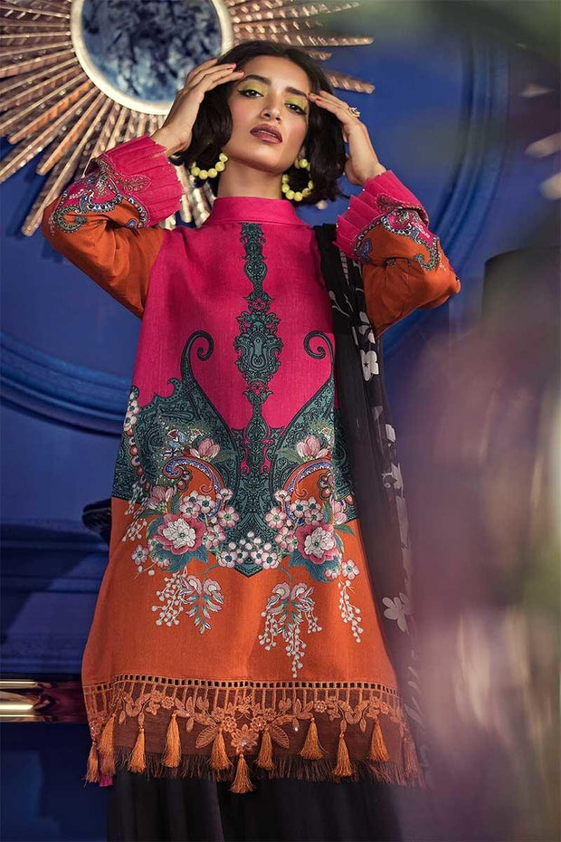 Pakistani designer linen dress in pink and orange color # P2351