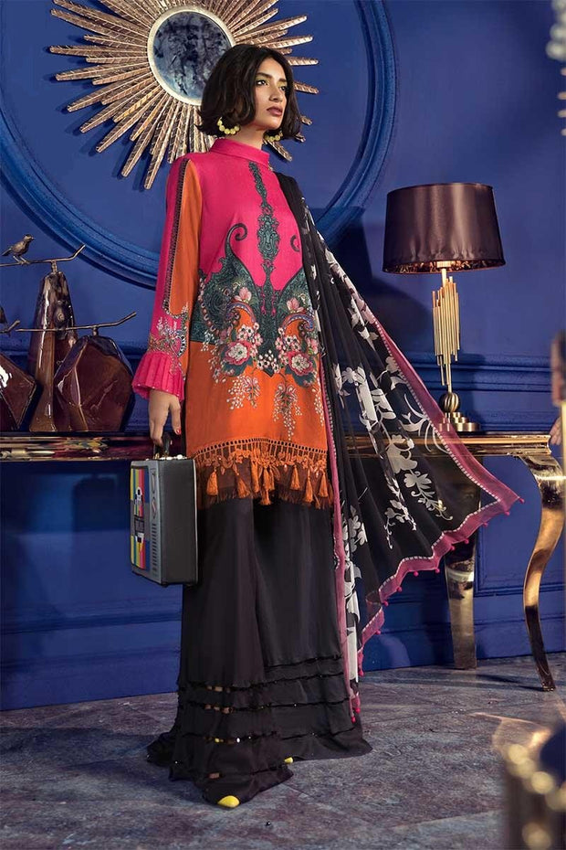 Pakistani designer linen dress in pink and orange color