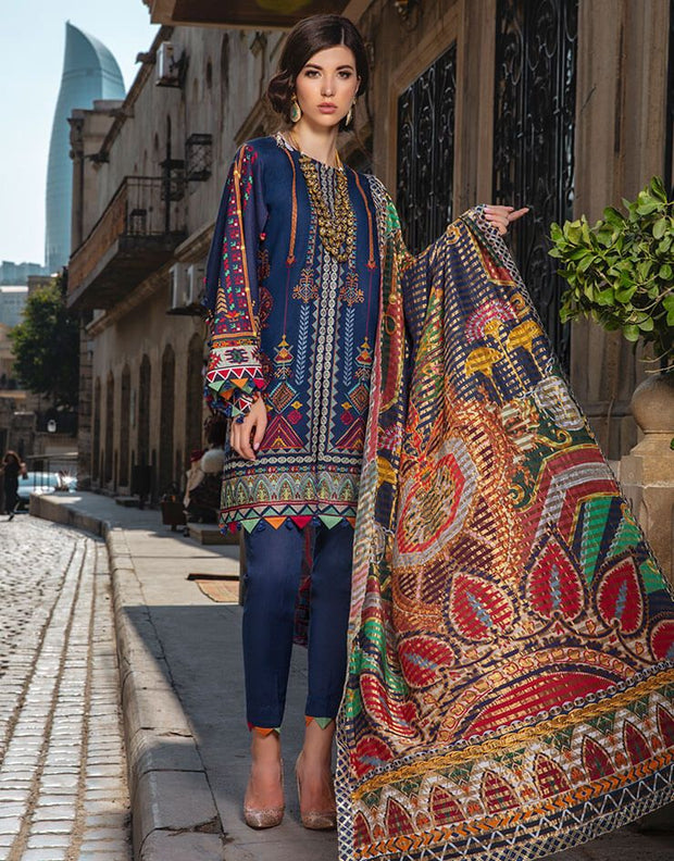 Beautiful Pakistani linen embroidered dress in blue color