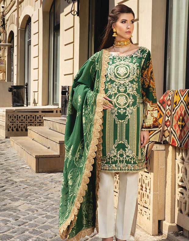 Beautiful Pakistani linen embroidered outfit in lavish green color