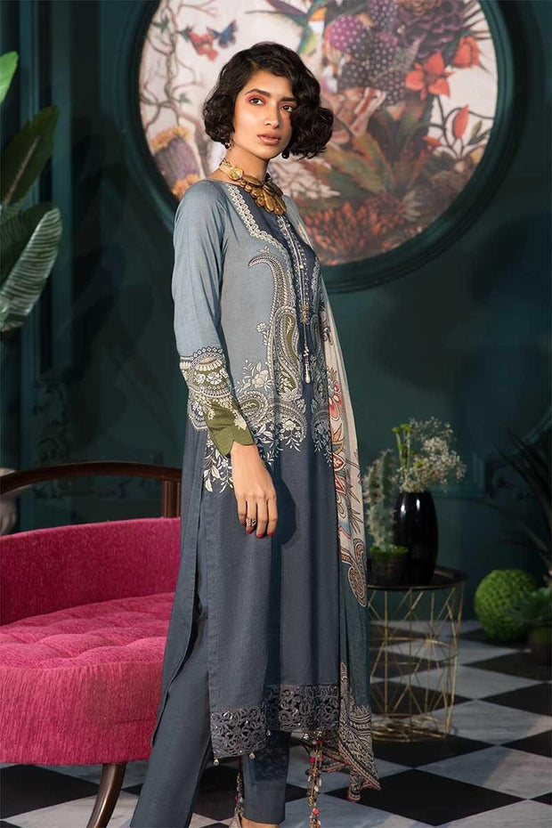 Pakistani designer linen outfit digitally printed in grey color # P2352