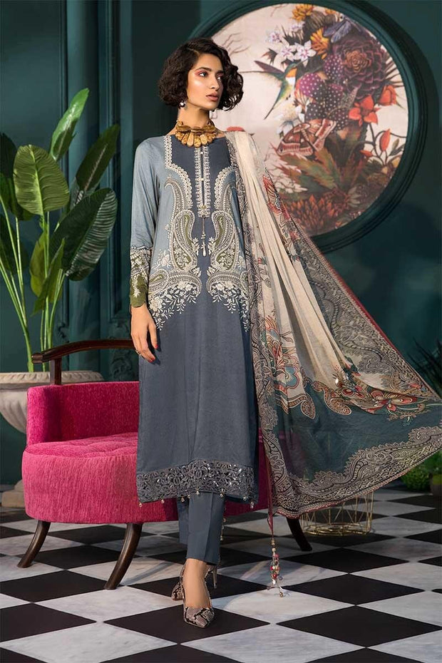 Pakistani designer linen outfit digitally printed in grey color # P2352