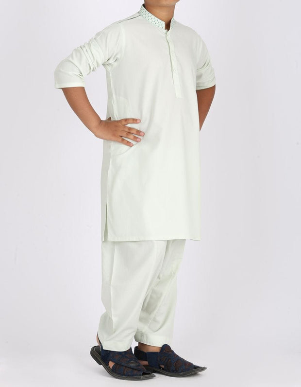 Pakistani machine embroidered dress in light green color