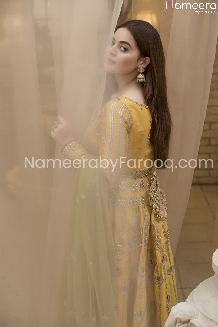 Embroidered Mehndi Dress in Long Chiffon Frock