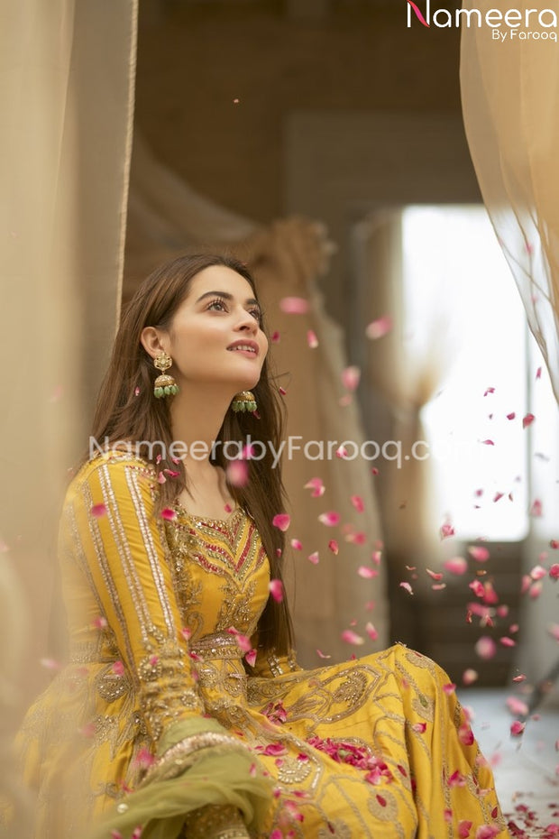 Embroidered Mehndi Dress in Long Chiffon Frock