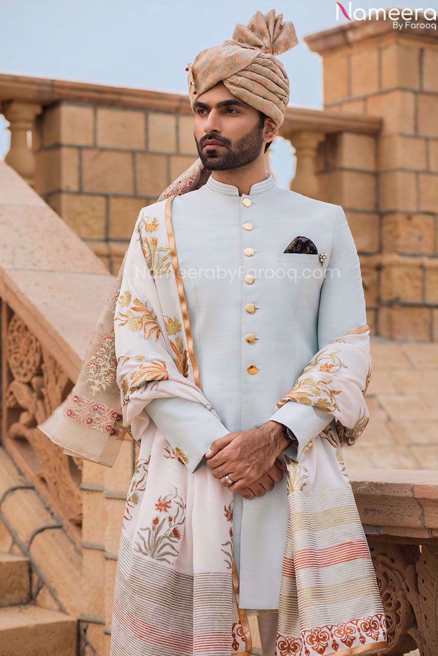 Pakistani Outfits in Mens Sherwani for Wedding Wear in White
