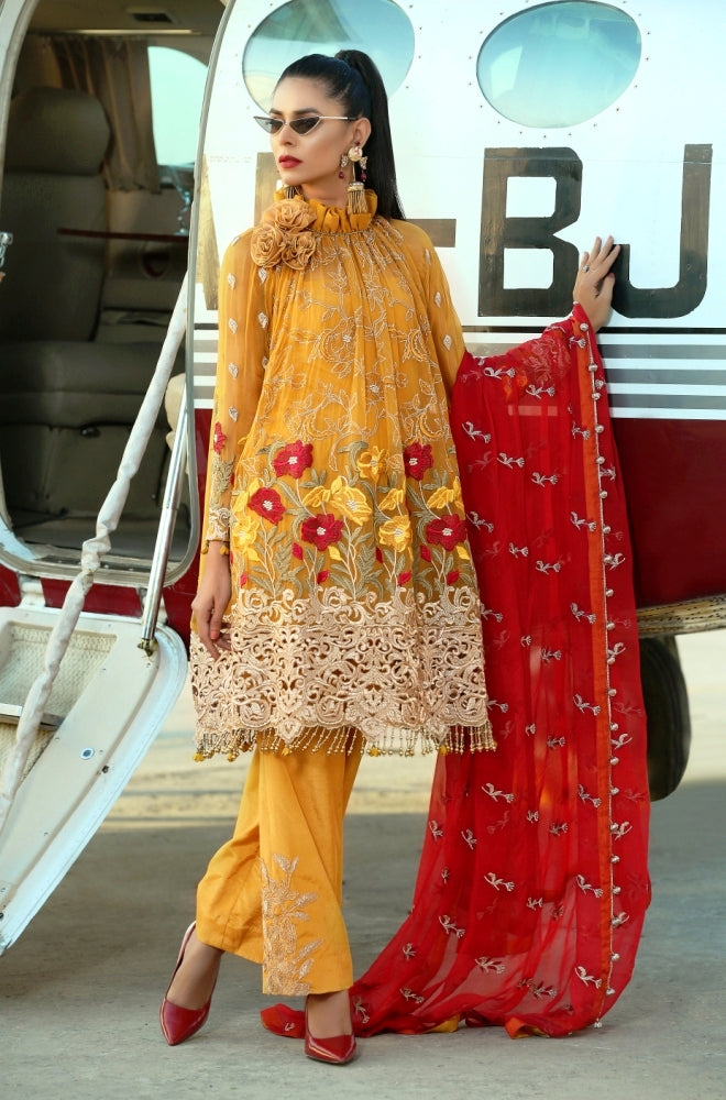 Trendy Mustard Suit in Chiffon