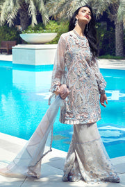 Latest designer embroidered net dress for party wear in grey color # P2427