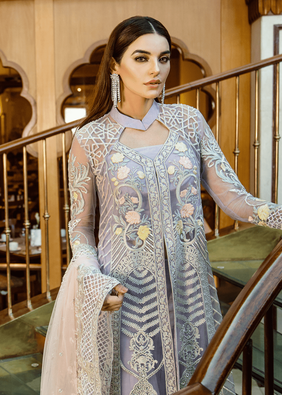 Net embroidered dress in violet color for party wear Nameera by Farooq Net embroidered dress in violet color for party wear Nameera by Farooq