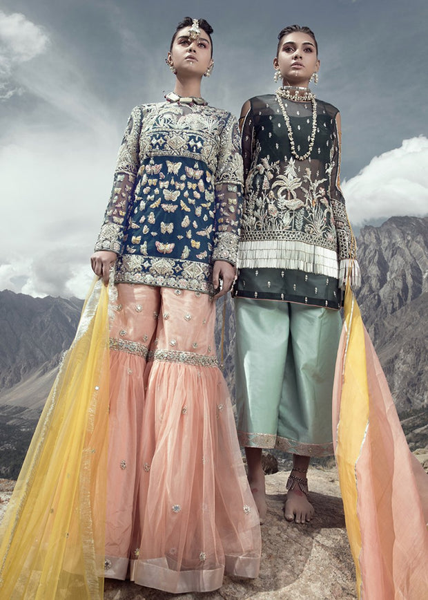 Latest net embroidered gharara dress in blue color for wedding wear # B3415