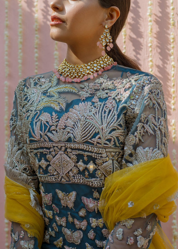 Latest net embroidered gharara dress in blue color for wedding wear # B3415