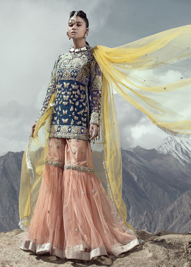 Latest net embroidered gharara dress in blue color for wedding wear # B3415