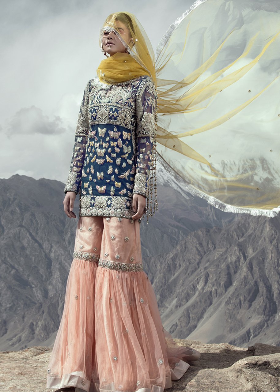 Latest net embroidered gharara dress in blue color for wedding wear # B3415