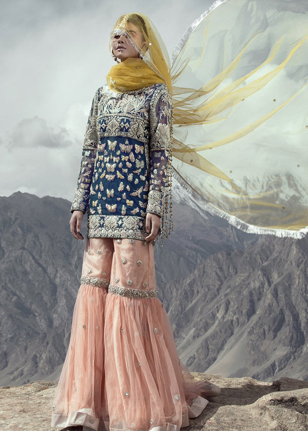 Latest net embroidered gharara dress in blue color for wedding wear # B3415