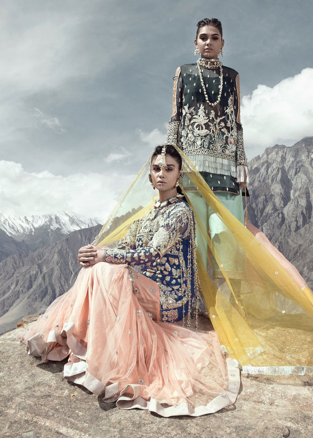 Latest net embroidered gharara dress in blue color for wedding wear # B3415