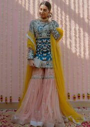 Latest net embroidered gharara dress in blue color for wedding wear 