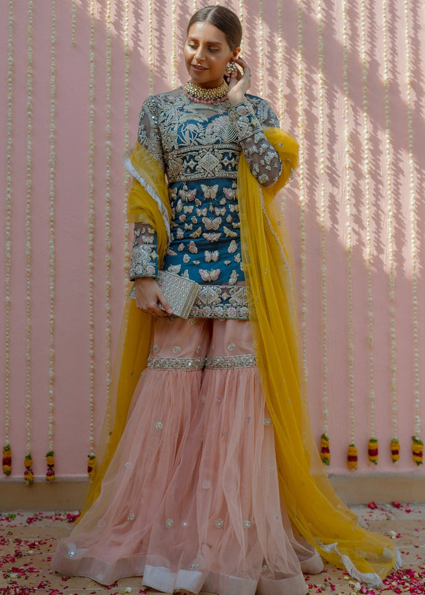 Latest net embroidered gharara dress in blue color for wedding wear 