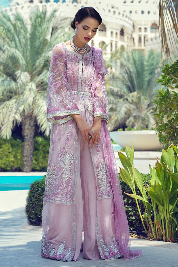 Latest designer embroidered net outfit for party wear in magenta color # P2428