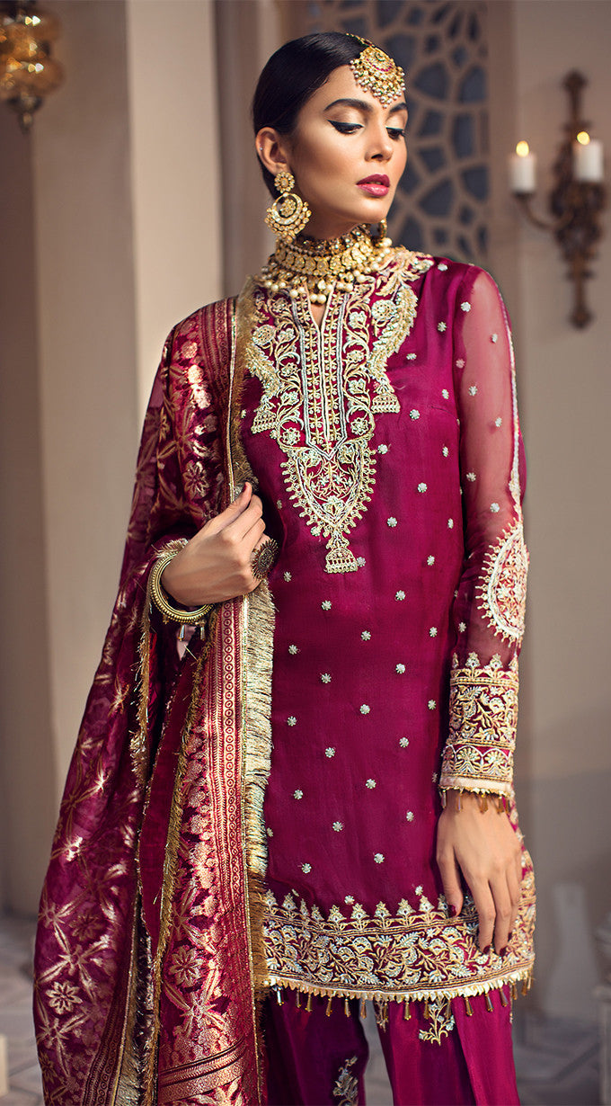 Pakistani organza and jacquard dress in purlpe color # P2345