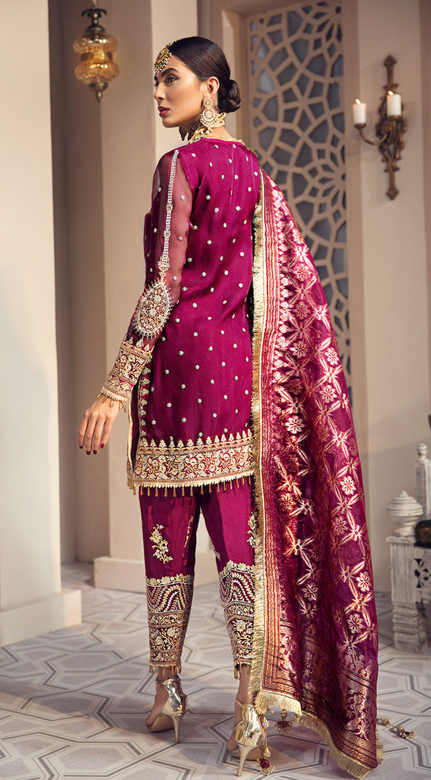 Pakistani organza and jacquard dress in purlpe color # P2345