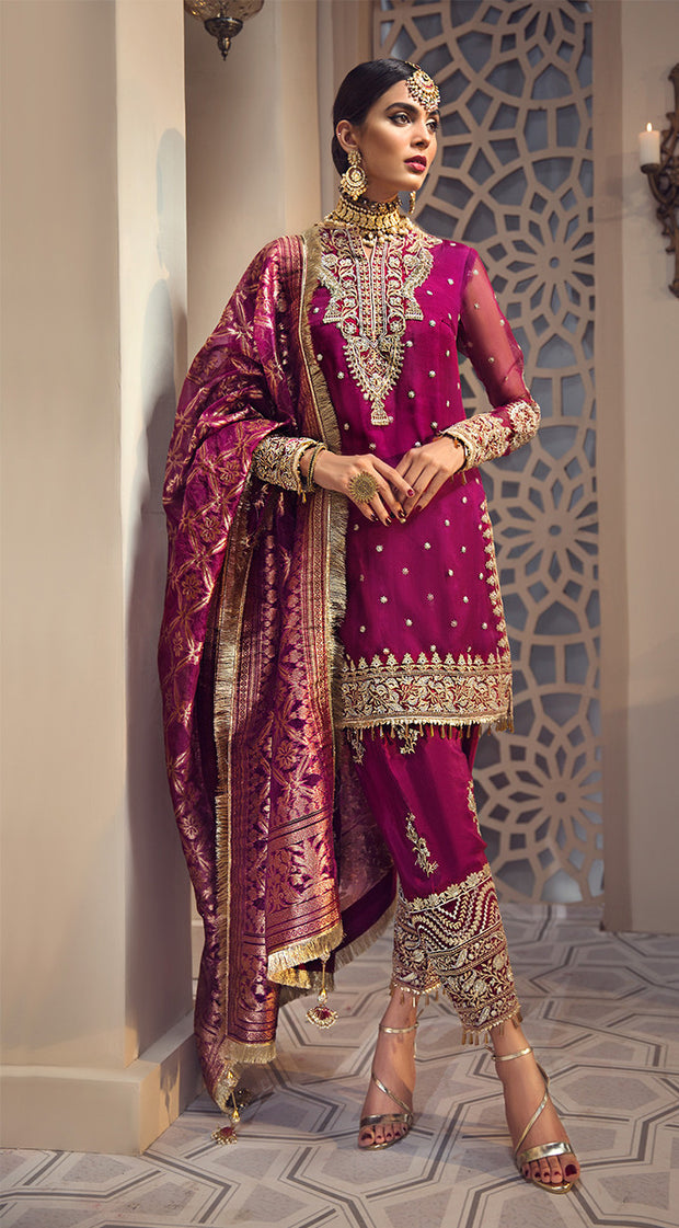 Pakistani organza and jacquard dress in purlpe color # P2345