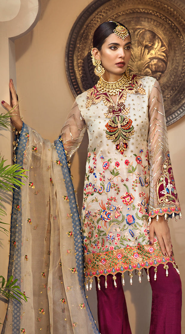 Pakistani organza and jacquard outfit in elegant white color # P2346