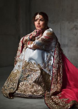 Latest organza embroidered lehnga dress in blue and red color # B3394