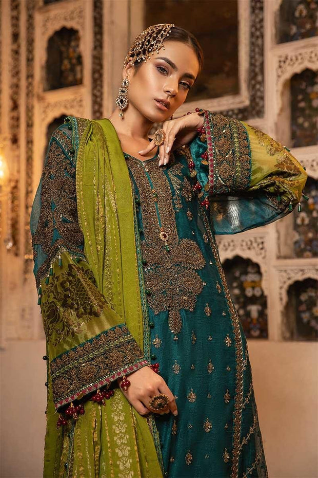Pakistani designer party dress in Teal, green & ruby color # P2252