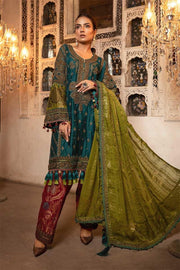 Pakistani designer party dress in Teal, green & ruby color # P2252