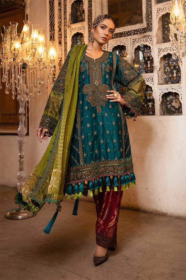 Pakistani designer party dress in Teal, green & ruby color