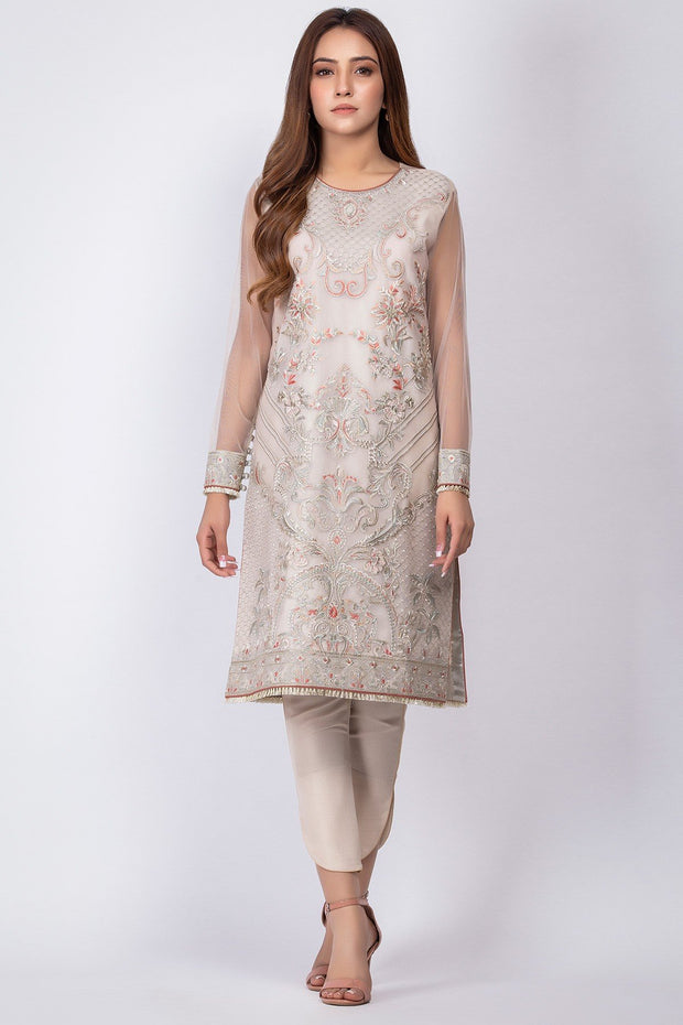 Alluring Pakistani designer dress in silver color 
