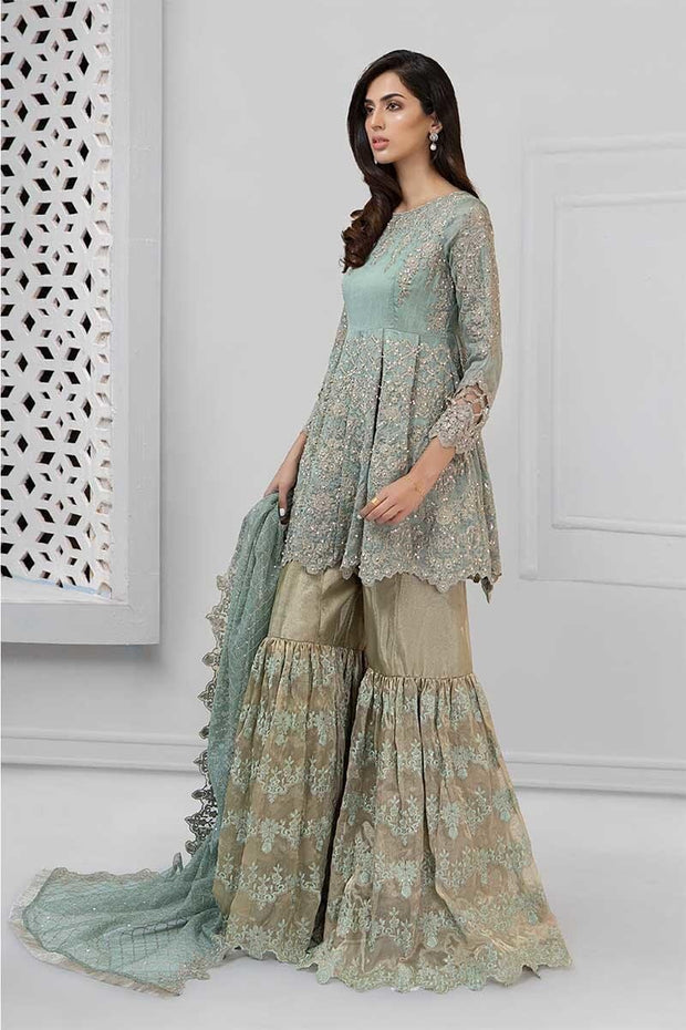 Pakistani embroidered party wear dress in aqua color # P2241