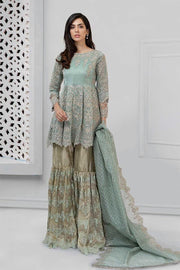 Pakistani embroidered party wear dress in aqua color
