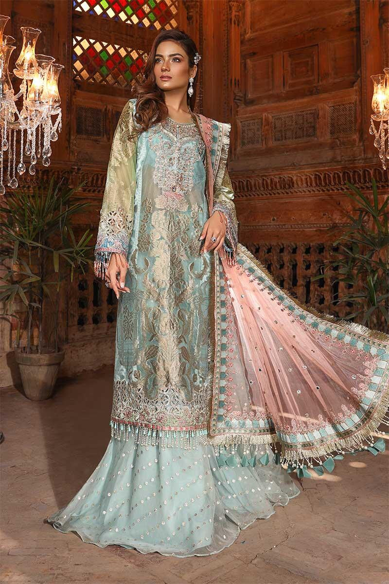 Pakistani fancy party dress in powder blue and coral color